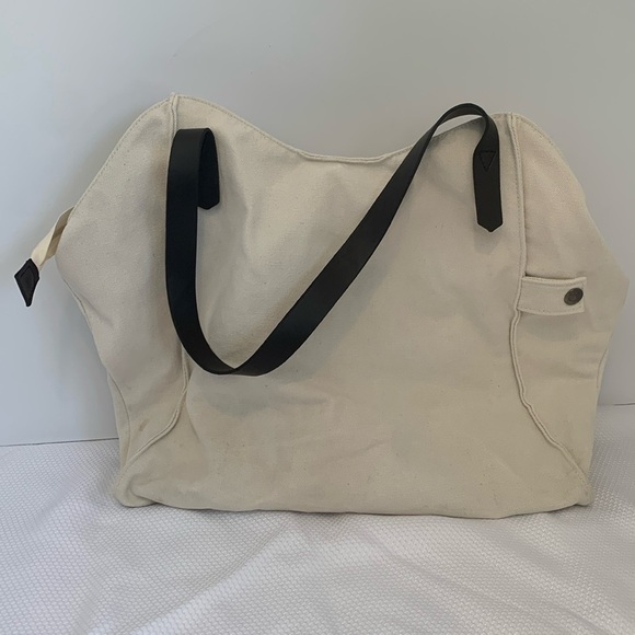 Canvas Zippered Medium Tote Bag Natural Off White Brown Faux Leather Straps - Picture 1 of 7